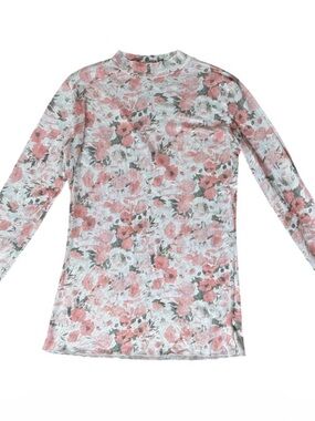 Mesh- See Through Under Shirt Floral Long Sleeve Tunic Top - Pink & Green.
